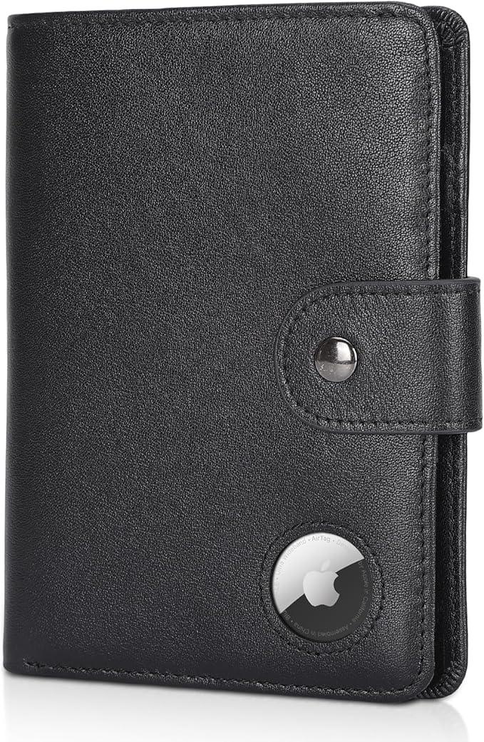 Polare Luxury RFID Blocking Leather Passport Holder Travel Wallet For Men and Women (Black with AirTag Slot(Snap Version))