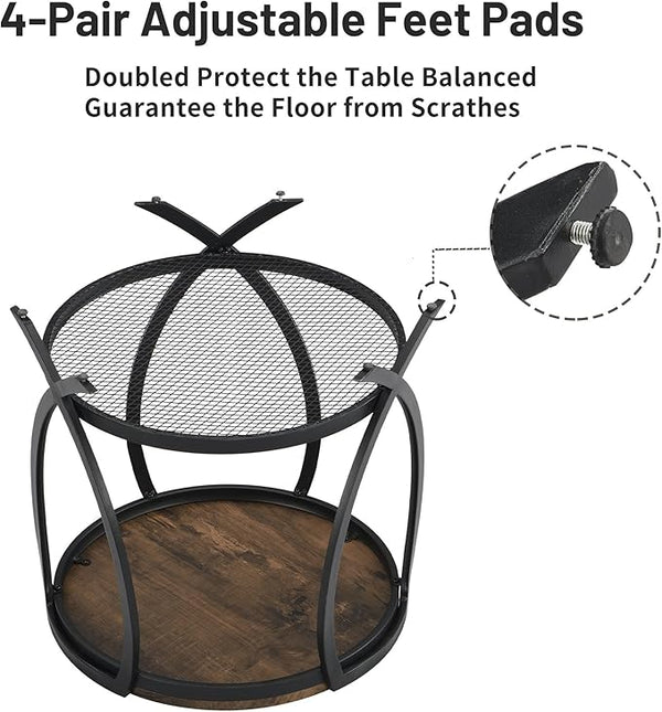 ASYA Industrial Round End Table with Storage Shelf, 2-Tier Side Table for Living Room, Adjustable Feet & lmitation Wood Grain Surface, Rustic Brown