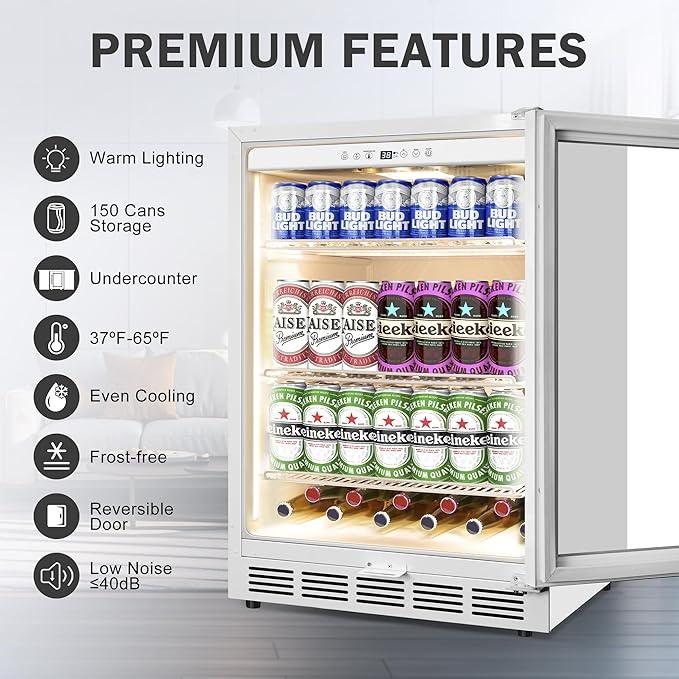 Beverage Refrigerator 24 Inch Drink Fridge, Beer Fridge, 150 Cans Beverage Cooler, Under Counter Refrigerator, Drink Cooler Undercounter Outdoor Refrigerators, Single Glass Door Bar Fridge