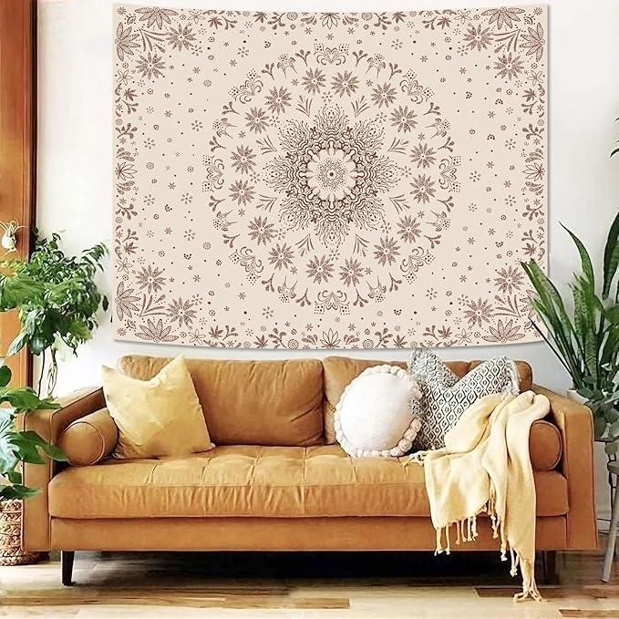 Fowocu Boho Floral Mandala Tapestry Wall Hanging Bohemian Flower Medallion Tapestry Aesthetic Beige Brown Hippie Indian Small Tapestries for Bedroom Living Room Dorm Decor 60 x 44 Inch