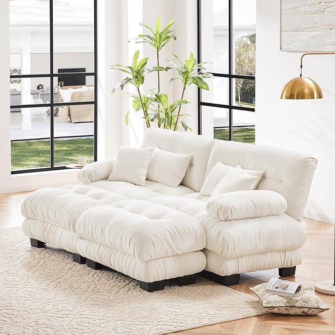 Loveseat Modular Sectional Sofa, U Shaped Couch with Ottoman, Cloud Couch Sectional Couch Home Sofa Living Room Oversized Couch Deep Seat Couch with Round Bolster Armrests 4 Pillows(White)