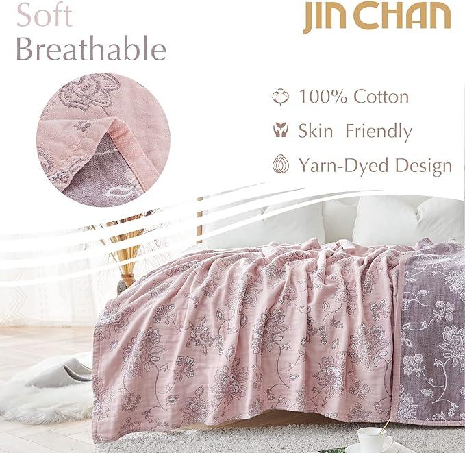 jinchan Boho 100% Cotton Muslin Twin Size 60x80 Inches Blanket Lightweight 4-Layer Quilted Soft Pink Red Floral Throw Blanket Reversible Comfy Flower Breathable All Seasons Couch Bedroom Decor