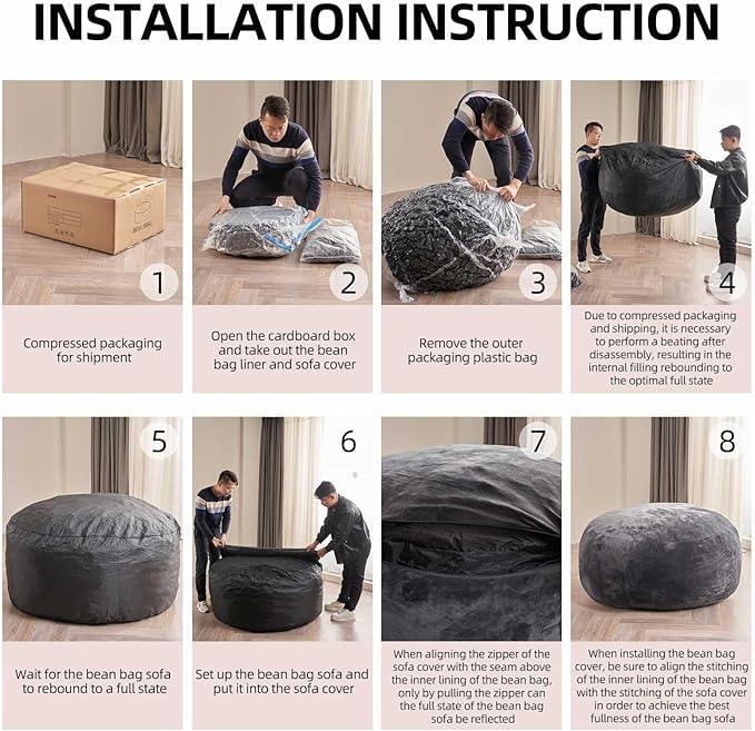 Bean Bag Chair 4Ft, Memory Foam Filled, Large Beanbag Chairs for Adults and Teens, Soft Sofa with Removable Flannel Cover, Round Couch for Living Room Bedroom College Dorm (Dark Gray, 4FT-47×47