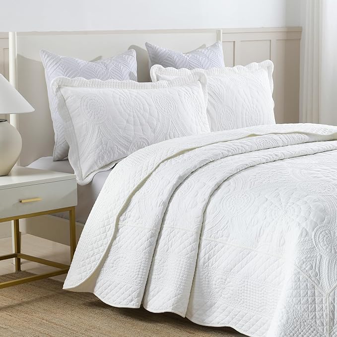 MarCielo 3-Piece 100% Cotton Oversized Bedspread Lightweight Quilt Coverlet Embroidery Farmhouse Bedding (Tf Bright White, Oversized Queen (100