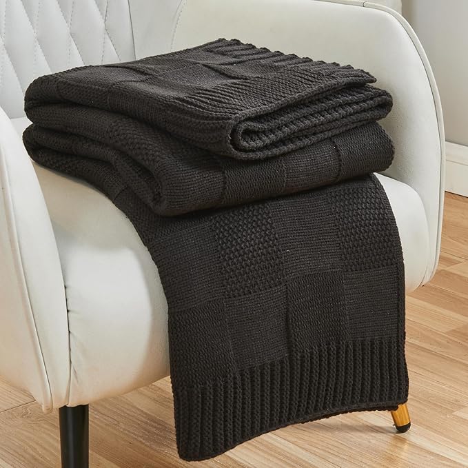 CozeCube Check Knit Throw Blanket, Jet Black Checkered Throw for Couch, Decorative Christmas Soft Cozy Warm Knitted Blanket for Bed Sofa Living Room, 60