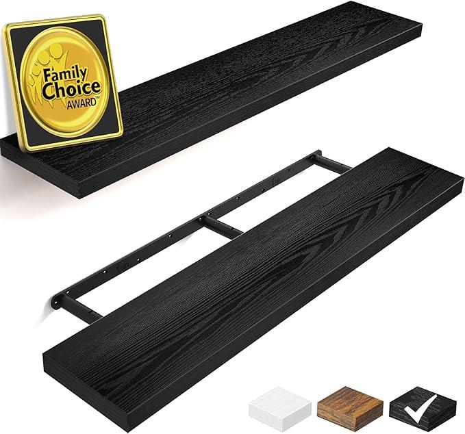 BAYKA Floating Shelves for Wall, 36 inches Long Wall Mounted Rustic Wood Shelves for Bathroom, Bedroom, Living Room, Kitchen, Office, Hanging Shelf for Books/Storage/Decor(Black,Set of 2)