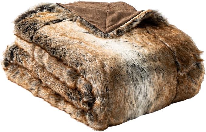 BATTILO HOME Luxury Brown Faux Fur Blanket Thick Warm Elegant Cozy Fuzzy Throw for Couch, Bed, Sofa Fluffy Blankets Decorative Reversible to Plush Velvet, 50