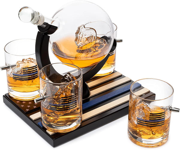 Police Officers Decanter - Whiskey and Wine Set 850ml & Four 10oz Glasses, Thin Blue Line Flag Base - Law Enforcement Gifts, Police & Police Academy, Gift Set First Responders! Gifts for Dad
