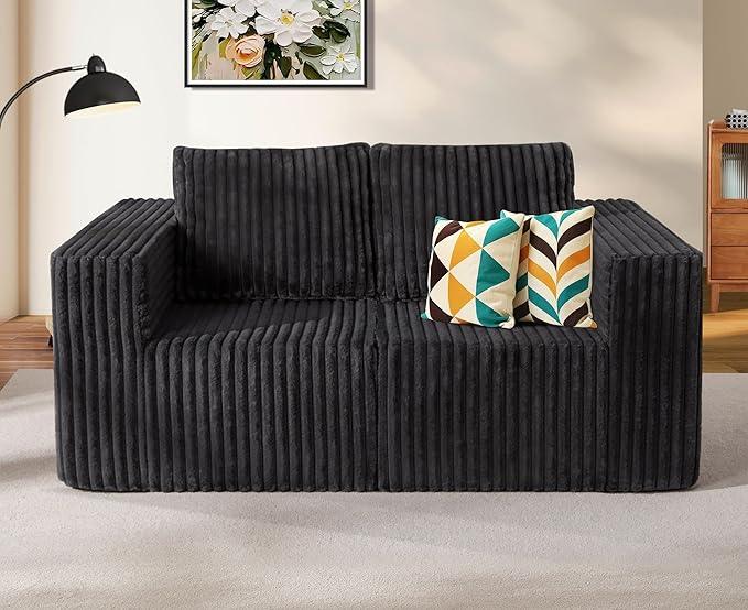 Modular Sectional Sofa 2 Seater Loveseat Modular Couch with Deep Seat Memory Foam Cloud Chair with Pillows Oversized Sectional Sofa for Living Room Bedroom (Strip Grey, Loveseat)