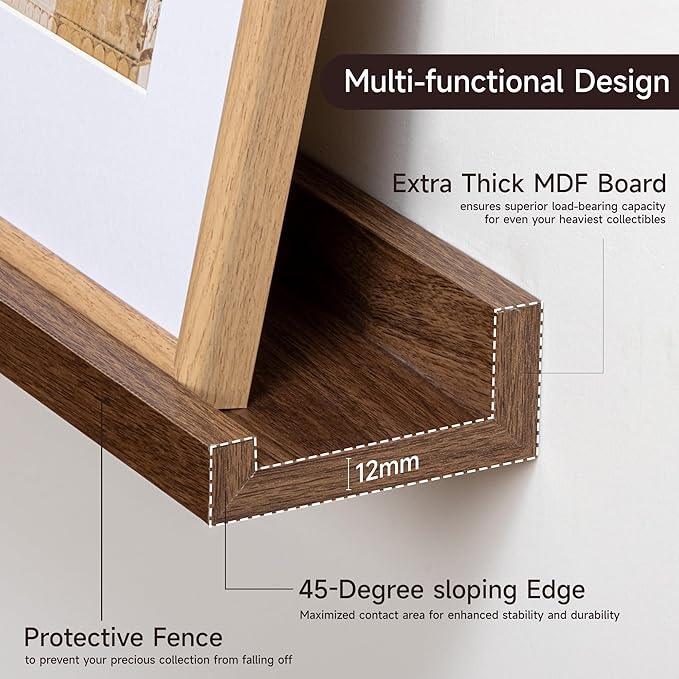 Floating Picture Ledge Shelves for Wall Set of 2, 72 Inches Picture Ledge Shelf with Long Large Nursery Book Shelf for Toys Storage Kids Bookshelf Wall Mounted Living Room Bedroom Decor Frames, Walnut
