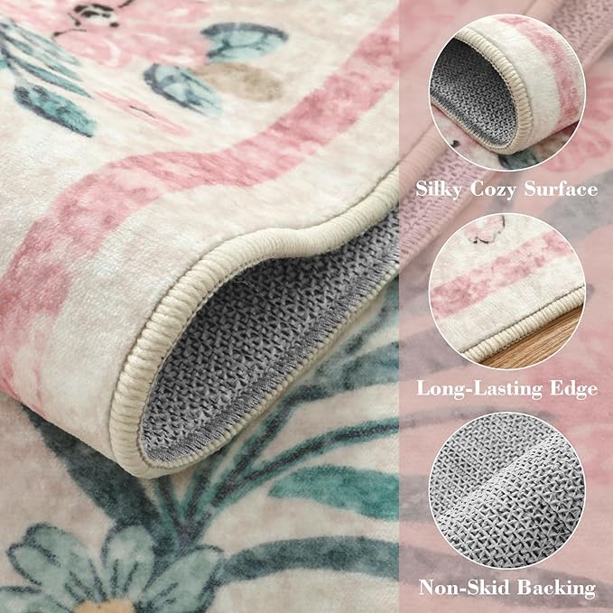 Wonnitar Machine Washable 5x7 Nursery Rug, Pink Rugs for Bedroom Girls, Boho Soft Floral Carpet Non Slip, Indoor Ultra-Thin Floor Carpet for Kid Room Living Room Dorm