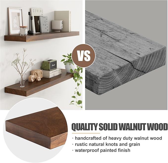 Floating Shelves for Wall, USA-Sourced Walnut Wood 24 Inch Wall Shelves Set of 2, Natural Wooden Wall Mounted Picture Ledge Shelf, Nursery Book Storage Shelf Kids Bookshelf, Display Shelf for Bathroom