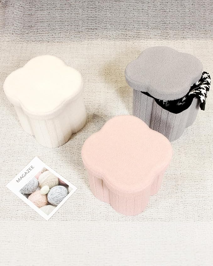 B FSOBEIIALEO Storage Ottoman Cube, Flowers Shaped Ottomans with Storage Foot Stool Footrest for Lving Room, Boucle Ottoman Seat for Dorm Room,Faux Teddy Fur, Cream White 12.6