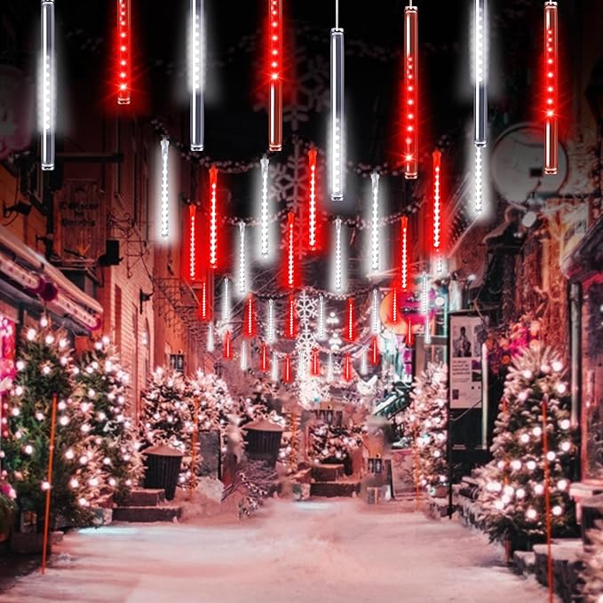 2-Pack Meteor Shower Lights Outdoor Waterproof, Rain Drop Christmas Lights Total 384 LED 30cm 16 Tubes Snow Cascading String Lights Plug in for Xmas Tree Wedding Party Garden Décor (Red and White)