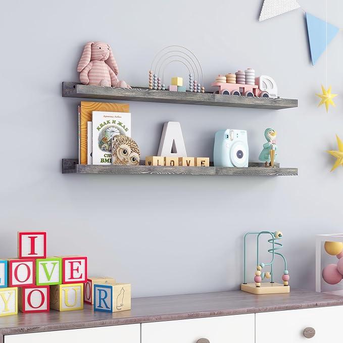 36 Inches Floating Shelves for Wall, Solid Pine Wood Picture Ledge Shelves, Wall Shelves with Lips, Nursery Book Shelves for Toys Storage Living Room Bedroom Photo Frames (2 Pcs, Grey)