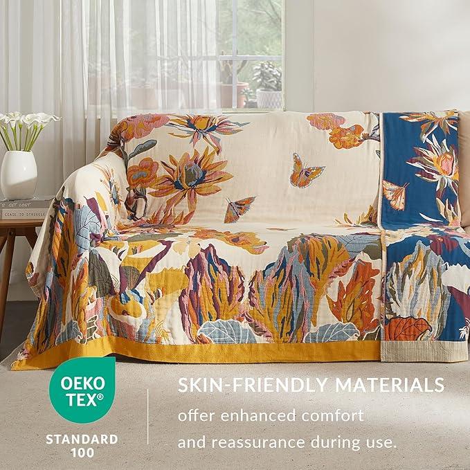 Boho Throw Blanket for Couch Sofa Bed, 100% Cotton Woven Quilt with Tassel 80”x90”, Super Soft Muslin Blanket with Floral Printed, Decorative Reversible Bed Blanket/Cover for All Seasons