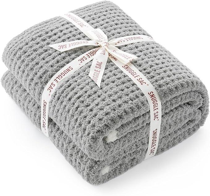Snuggle Sac Soft Waffle Blanket, Grey Bedding Blankets Queen Size 90x90 inches, Reversible Microfiber Fluffy Fuzzy Grey Blanket Cozy Knit Blanket for Women Mothers Birthday Gifts