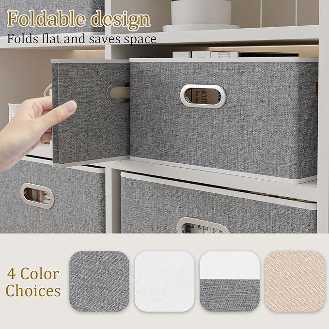 Yawinhe Fabric Storage Baskets, Foldable Closet Organizer for Shelves, Large Boxes with 3 Handles, Canvas Bins for Clothes, Grey, 12.99''Lx9.05''Wx7.87''H, 6-Pack