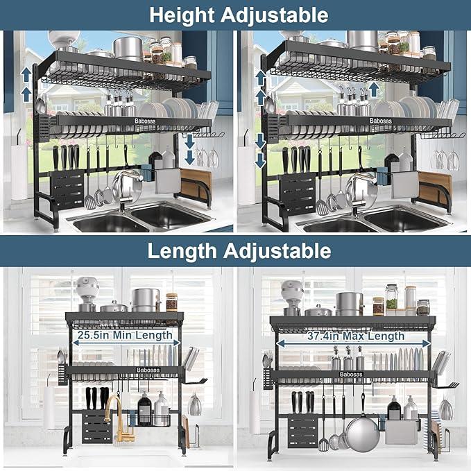 Over The Sink Dish Drying Rack,3 Tier Adjustable Length (25.5'' to 37.4'') Full Stainless Steel Large Storage Kitchen Dish Rack,for Kitchen Counter Expandable Multifunctional Organizers,Black