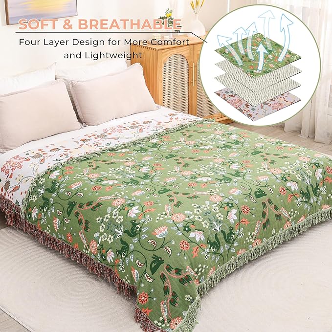 Boho Throw Blanket for Bed, 100% Cotton Ultra Soft Rustic Quilt King Blanket Florals and Animals Printed Farmhouse Decor Large Bed Blankets,90