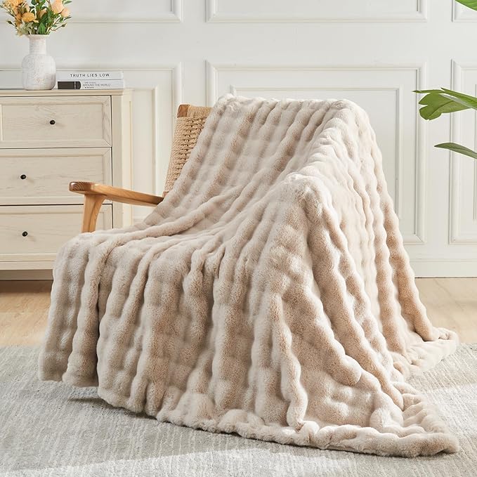 NEWCOSPLAY Faux Fur Throw Blanket Linen Bubble Blanket Thick Warm Soft for Couch Sofa Bed 550GSM (Linen, Throw(50