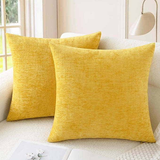 CaliTime Throw Pillow Covers Decorative 22 X 22 Inches Pack of 2 Cozy Chenille Cushion Cases for Couch Sofa Bed Living Room Home Mustard Yellow
