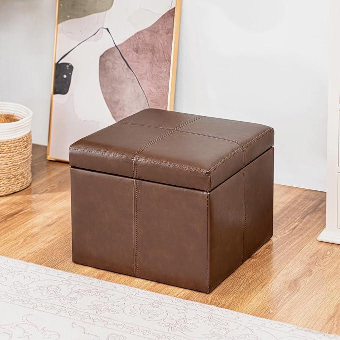 Adeco Storage Ottoman Foot Rest Stool, Leather Ottoman Footstool with Hinged Lid, 17