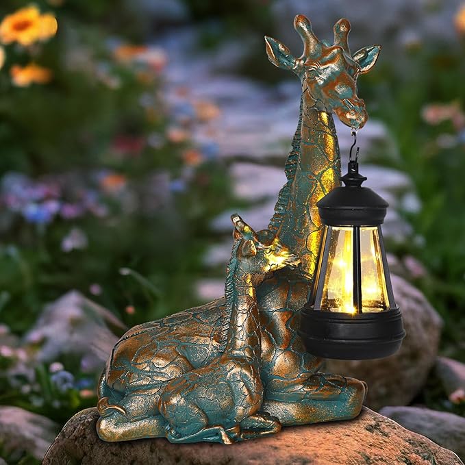 Solar Garden Decor - Mother Baby Giraffe Statue with Solar Lantern 9.7
