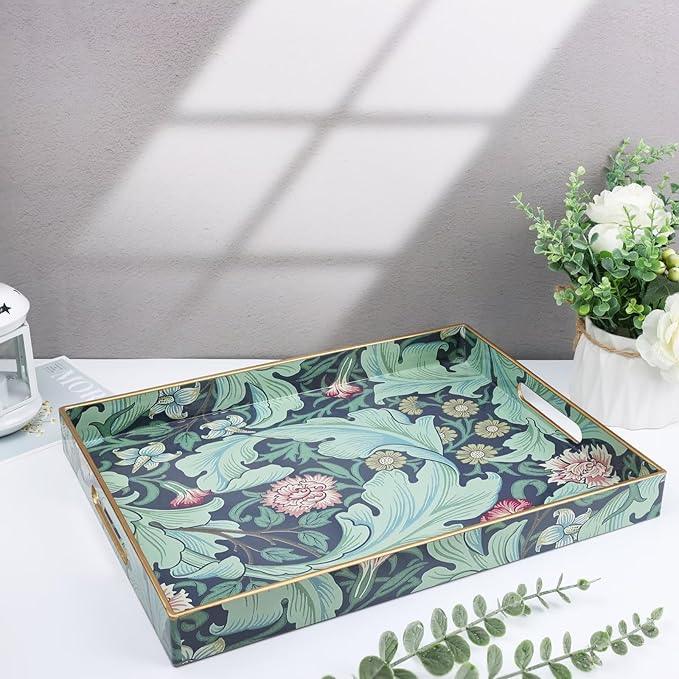 Spsyrine Serving Tray with Handles, Plastic Decorative Tray for Coffee Table, Living Room, Home Decor, Leicester