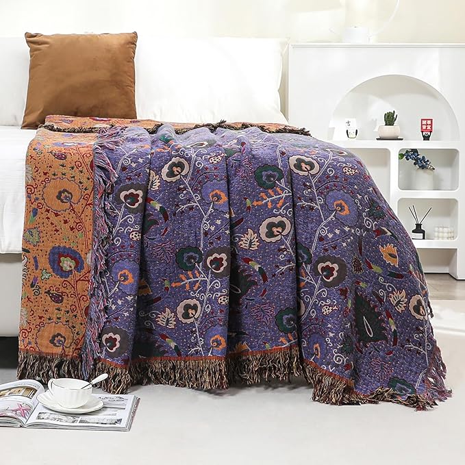 Boho Throw Blanket for Bed,100% Ultra Cotton Soft Breathable Bed Throw Floral Printed Farmhouse Decor Rustic Bed Throws for Couch Sofa Quilt Purple Flowers 60