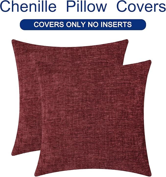 CaliTime Throw Pillow Covers Decorative 24 X 24 Inches Pack of 2 Cozy Chenille Cushion Cases for Couch Sofa Bed Living Room Home Burgundy