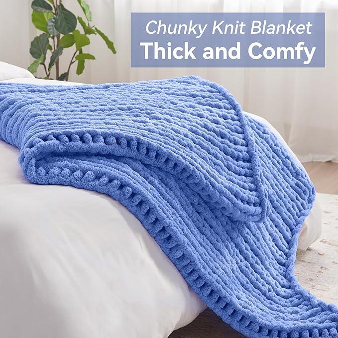 Chunky Knit Throw Blanket, 60''*80'' Knitted Throw Chenille Yarn for Bed Couch, Handmade Light Blue Crochet Big Thick Blanket, Machine Washable Cute Comfy Blanket for Home Decor