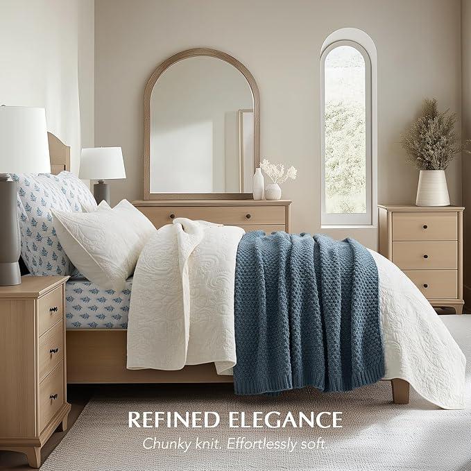 Chunky Chenille Knit Throw Blanket for Couch, Soft Luxurious Moss Stitch Blankets for Bed, Cozy Decorative Farmhouse Knitted Throws for Sofa, Stormy Blue, 60