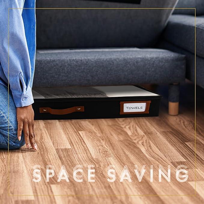 HOMELUX THEORY 2pc Low Profile Under Bed Storage Containers, Thin Under Couch Storage Organizer with Bins & Lids, Underbed Storage Box Ideal for Seasonal Clothes, Blankets, Fabric & Shoes (Black)