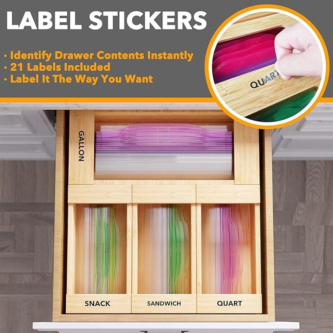 SpaceAid Bag Storage Organizer for Kitchen Drawer, Bamboo Organizer, Compatible with Gallon, Quart, Sandwich and Snack Variety Size Bag (4 Pack), 2.5