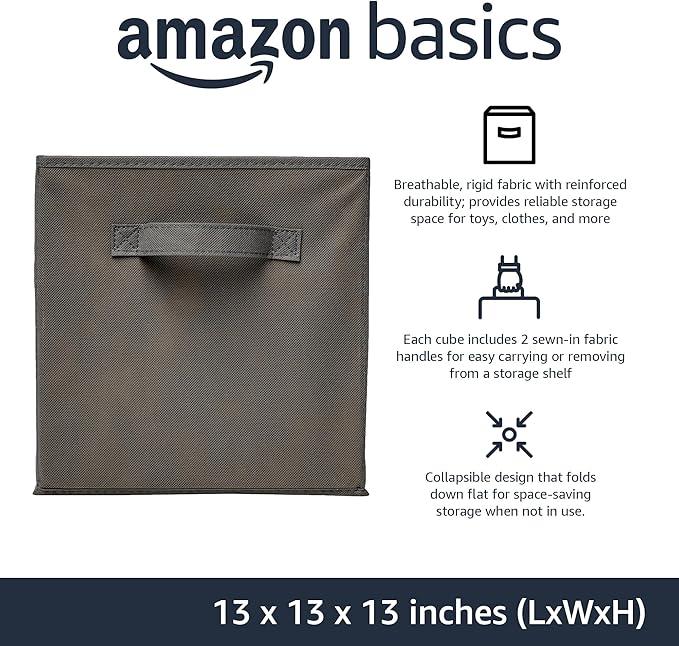 Amazon Basics Collapsible Fabric Storage Cube Bins Organizer with Handles, Sturdy, Gray, 13-x-13-x-13-inch, Pack of 6