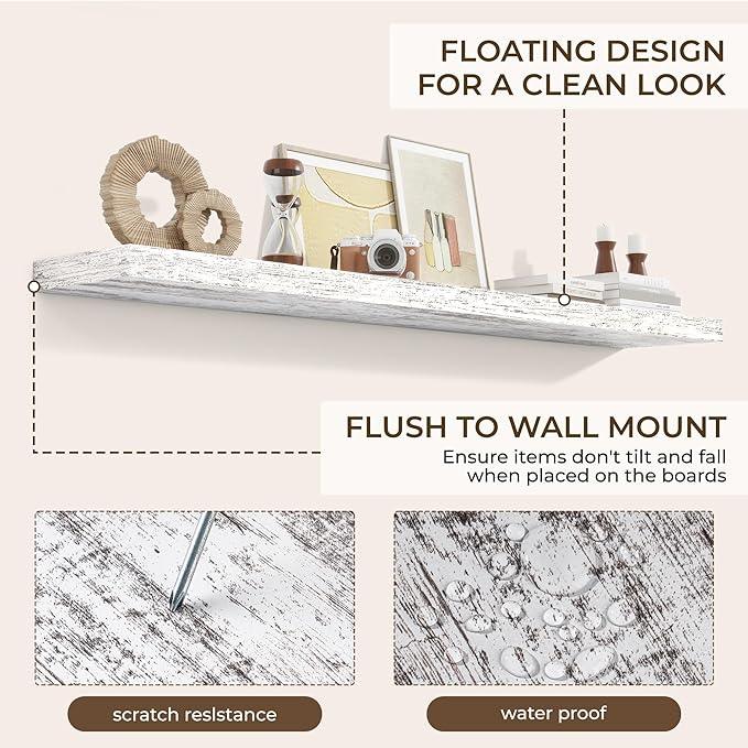 RICHFOCUS 72Inch Floating Shelves for Wall 2 Pack Shelves for Bedroom|Kitchen|Bathroom Wall Mounted Rustic Distressed Wood Floating Shelf with Invisible Brackets for Books|Storage|Decor, Rustic