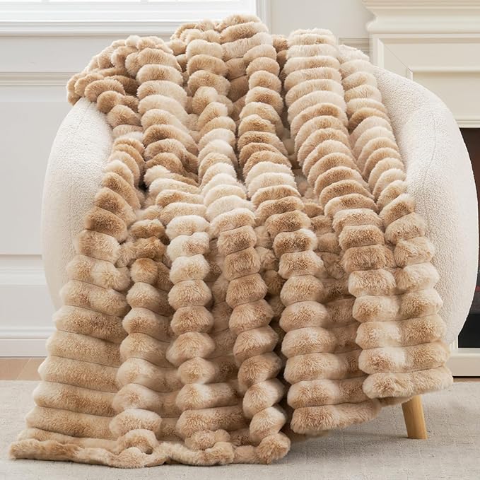 Cozy Bliss Faux Fur Throw Blanket for Couch, Cozy Warm Plush Striped Blanket for Sofa Bedroom Living Room, 50 * 60 Inches Tie-dye Kahki