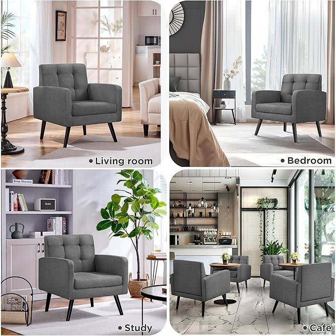 Yaheetech Modern Living Room Chair, Mid-Century Armchair Button Tufted Back and Wood Legs, Vintage Lounge Chair for Bedroom/Home Office/Study, Gray