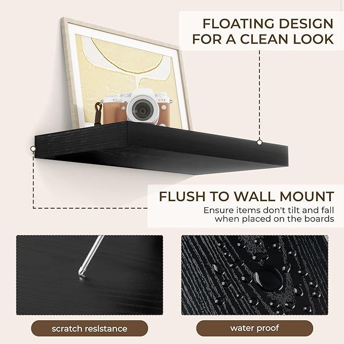RICHFOCUS 16Inch Floating Shelves for Wall 2 Pack Shelves for Bedroom|Kitchen|Bathroom Wall Mounted Rustic Wood Floating Shelf with Invisible Brackets for Books|Storage|Decor, Black
