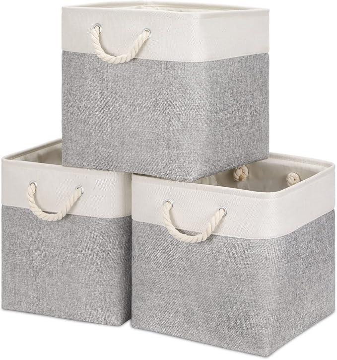 Bidtakay Fabric Basket Set - Large Square Organizer Bins, 13x13, Set of 3, White & Grey
