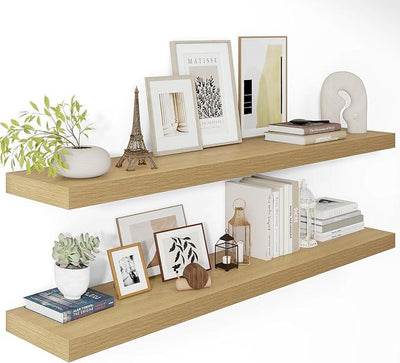 12 Inch Deep Floating Shelves 48 inch Long, 48 x 12 Wide Wall Shelves with Invisible Brackets, Heavy Duty Shelf for Bedroom Bathroom Living Room Kitchen Office Home Decor, Modern Shelf Set of 2, Oak