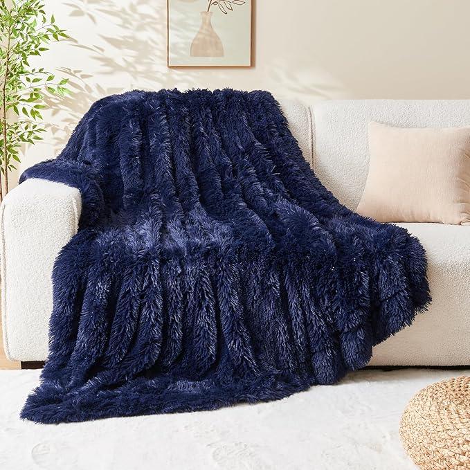 GONAAP Fuzzy Faux Fur Throw Blanket Twin Size Dark Navy Super Soft Cozy Plush Fuzzy Shaggy Blanket for Couch Sofa Bed (Dark Navy, Twin(60