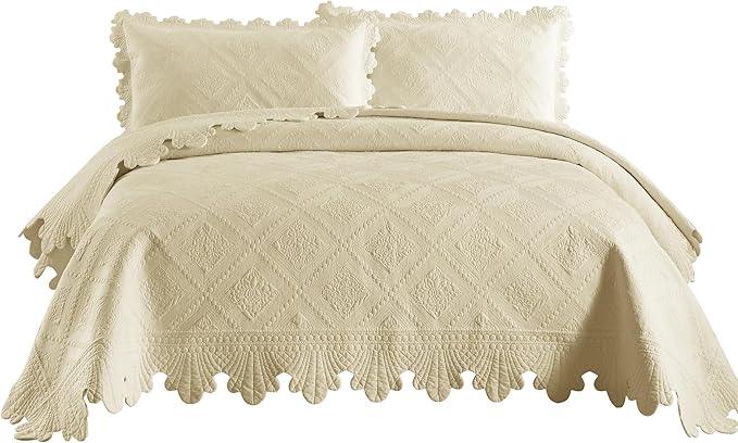 MarCielo 3-Piece 100% Cotton Oversized Bedspread Lightweight Quilt Coverlet Embroidery Farmhouse Bedding Set (Tk Beige Khaki, Oversized King (118