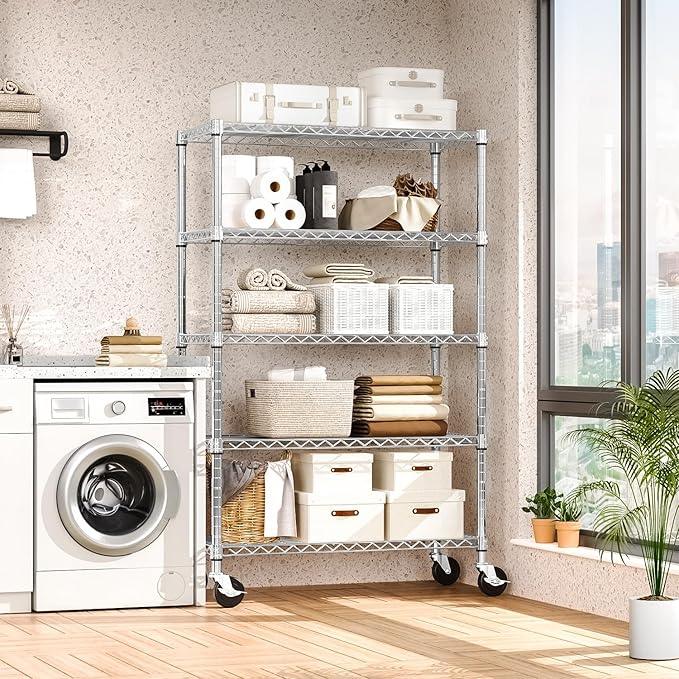 5-Shelf Storage Shelves,Wire Shelving Heavy Duty Metal Storage Shelving Unit Adjustable Garage Shelving Rack Pantry Kitchen (Chrome, 5 Tier,17.7