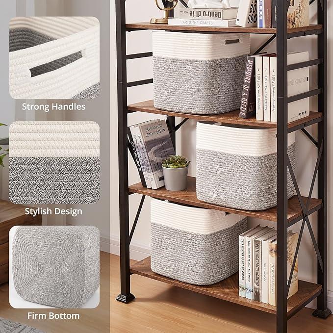 OIAHOMY 13 Kallax Inch Cube Storage Bins, 3-Pack Cotton Rope Woven Baskets for Organizing, Kallax Insert Storage Baskets for Shelves, Baby Nursery, Closet Organizer, 13*13*12.6IN, Grey & White