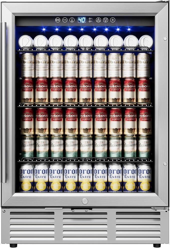 24 Inch Beverage Refrigerator, Beverage Cooler 180 Can Built-in Design, Under Counter Beer Fridge with Glass Door for Soda, Wine, Water - For Kitchen, Office or Bar