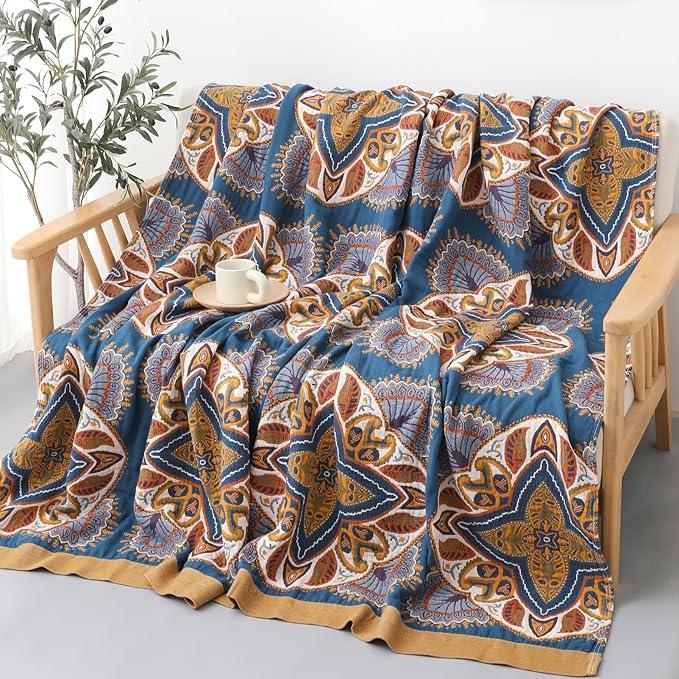 Snycler Boho Throw Blanket for Bed - 100% Cotton Ultra Soft Rustic Quilt Blanket Orange Green Printed Farmhouse Decor Bed Blankets, 80