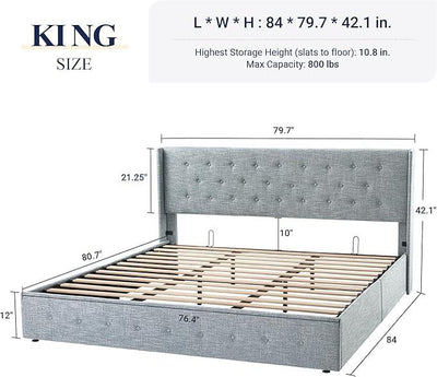 Allewie King Size Lift Up Storage Bed, Button Tufted Headboard with Wingback, Hydraulic Support, No Box Spring Needed, Grey Blue