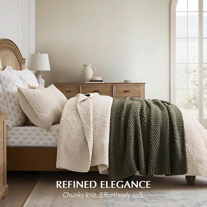 Chunky Chenille Knit Throw Blanket for Couch, Soft Luxurious Moss Stitch Blankets for Bed, Cozy Decorative Farmhouse Knitted Throws for Sofa, Olive Green, 60